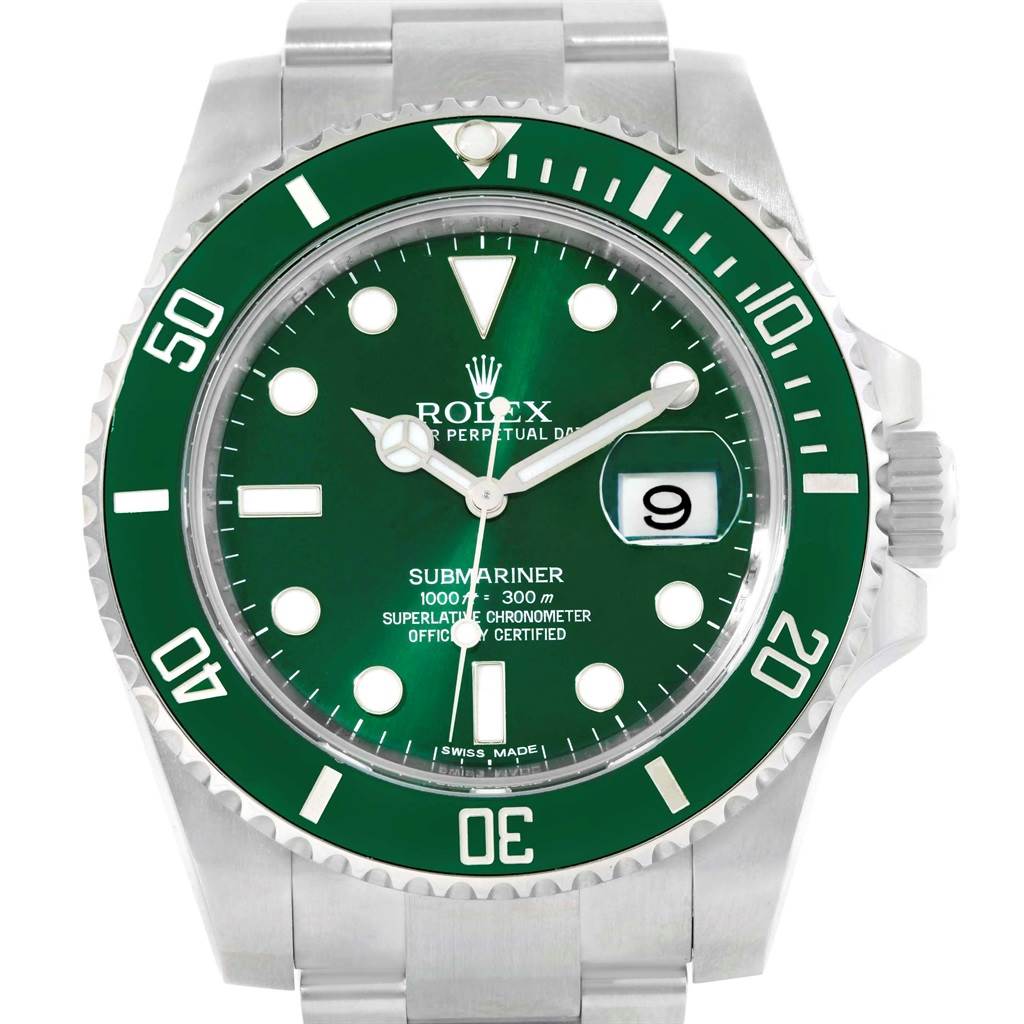 The image shows a front view of the Rolex Submariner 116610LV Men's Stainless Steel Green Dial 116610LV Men's Stainless Steel Green Dial, featuring its green dial, bezel, and date window at 3 o'clock.
