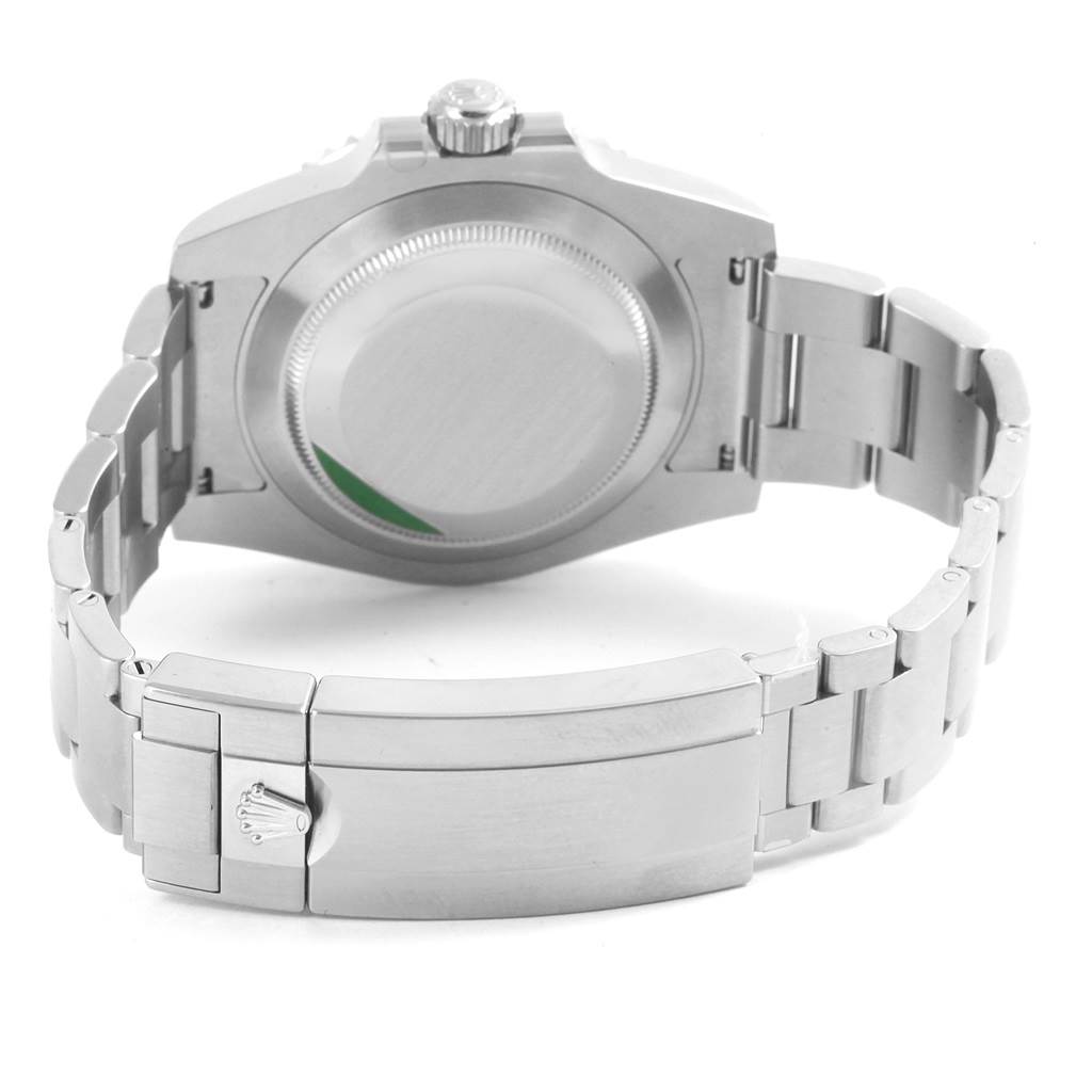 This image shows the case back and bracelet clasp of the Rolex Submariner 116610LV Men's Stainless Steel Green Dial 116610LV Men's Stainless Steel Green Dial watch.