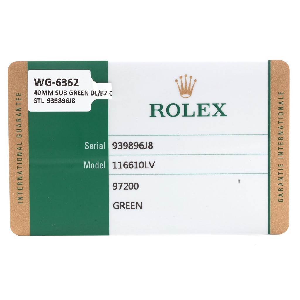 The image shows the warranty card for a Rolex Submariner 116610LV Men's Stainless Steel Green Dial 116610LV Men's Stainless Steel Green Dial model 116610LV watch.