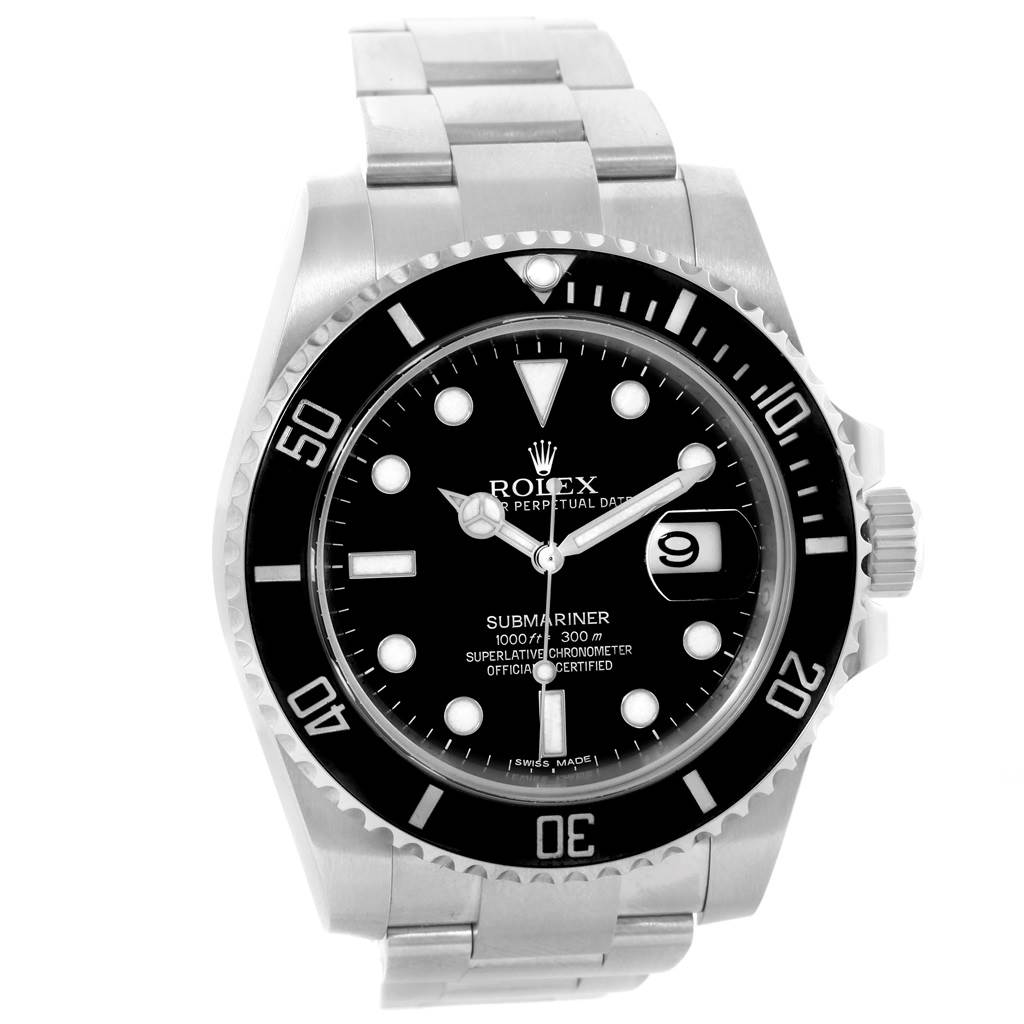 The image shows a front view of the Rolex Submariner 116610 Men's Stainless Steel Black Dial 116610 Men's Stainless Steel Black Dial watch, highlighting its black dial, bezel, and stainless steel bracelet.
