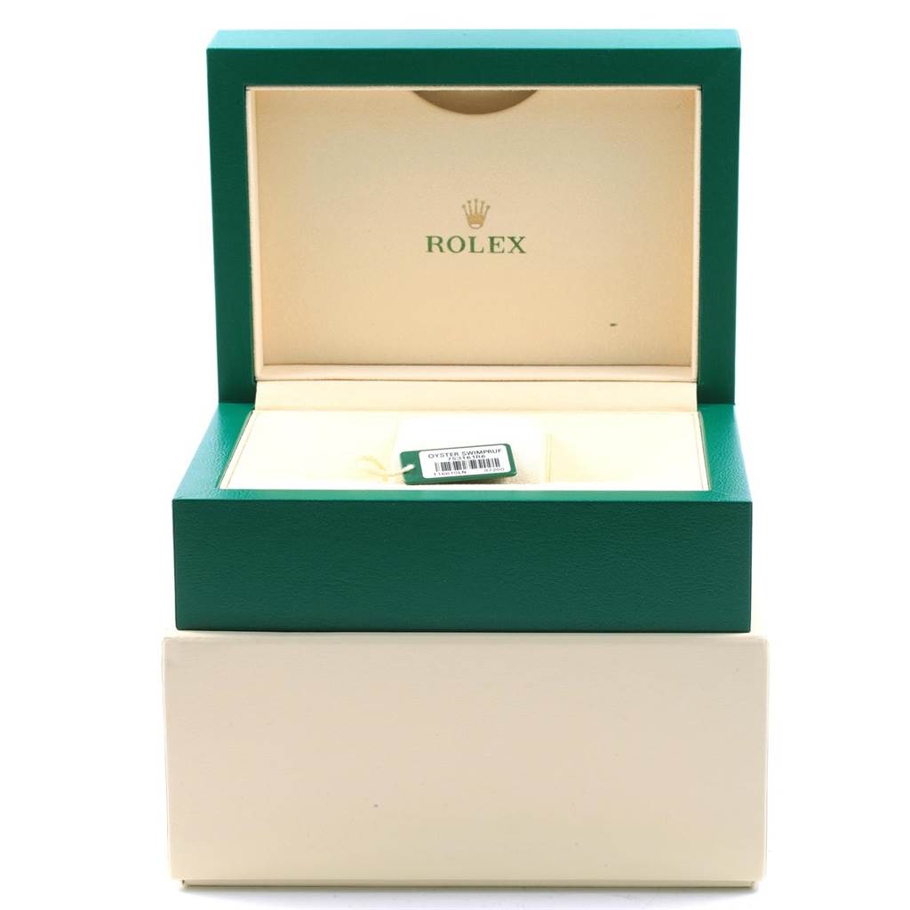 The image shows an open Rolex Submariner 116610 Men's Stainless Steel Black Dial 116610 Men's Stainless Steel Black Dial watch box with its inner lining and branded tag visible.