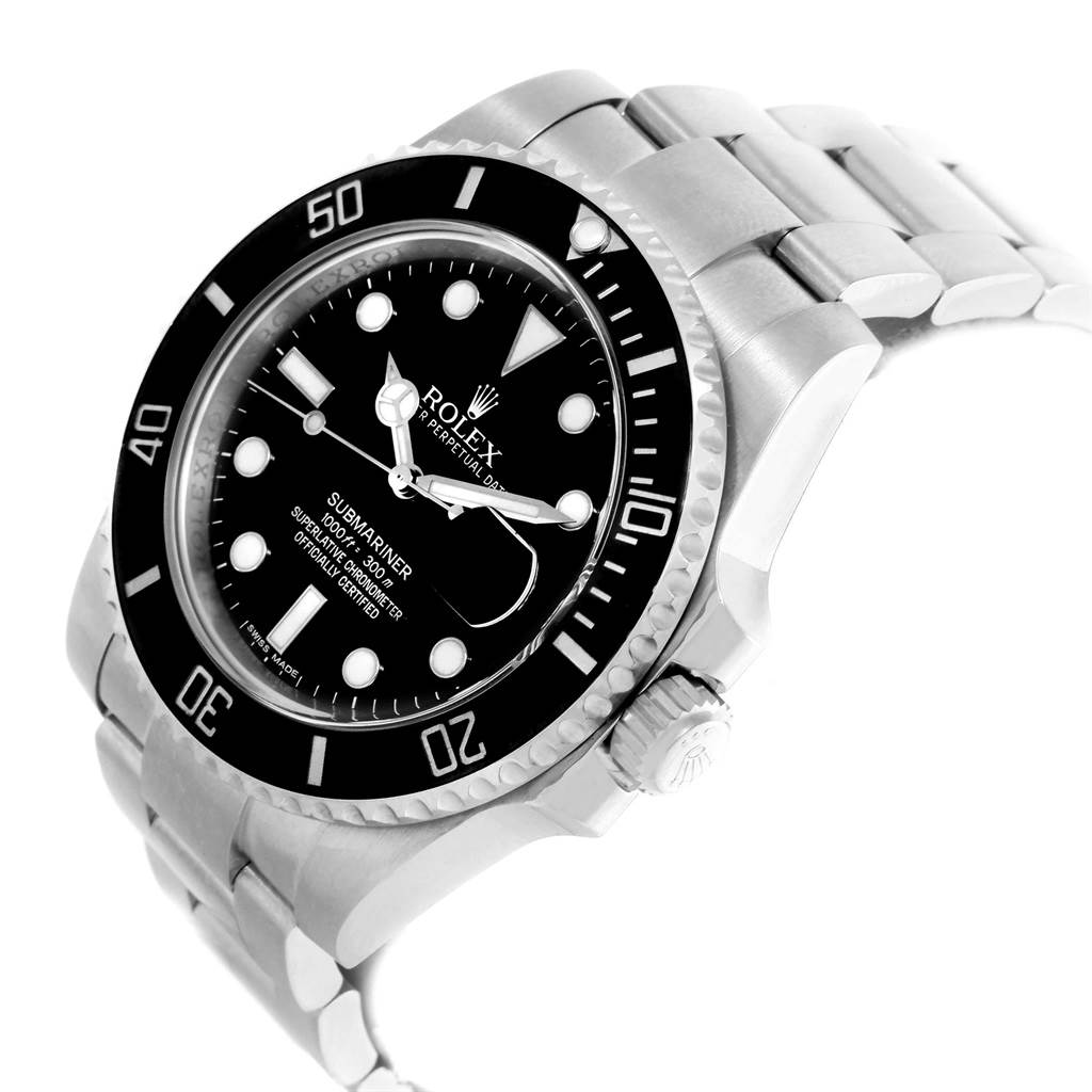 The image shows a Rolex Submariner 116610 Men's Stainless Steel Black Dial 116610 Men's Stainless Steel Black Dial watch at an oblique angle, highlighting its black dial, bezel, crown, and stainless steel bracelet.