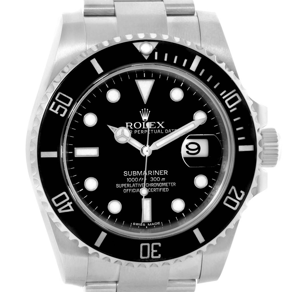 This is a frontal view of the Rolex Submariner 116610 Men's Stainless Steel Black Dial 116610 Men's Stainless Steel Black Dial watch, showing the dial, bezel, crown, and part of the bracelet.
