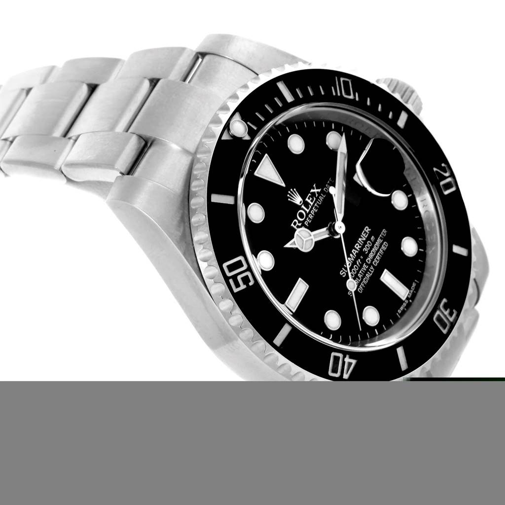 The image shows a close-up angled view of the Rolex Submariner 116610 Men's Stainless Steel Black Dial 116610 Men's Stainless Steel Black Dial watch, detailing the black bezel, dial, and part of the stainless steel bracelet.