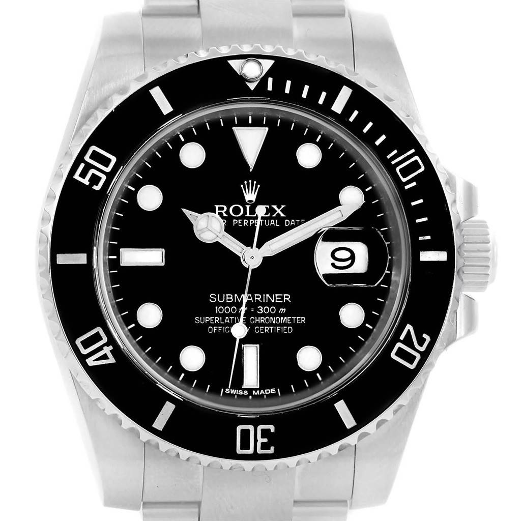 The image shows a front view of the Rolex Submariner 116610 Men's Stainless Steel Black Dial 116610 Men's Stainless Steel Black Dial watch, highlighting its face, bezel, and part of the bracelet.