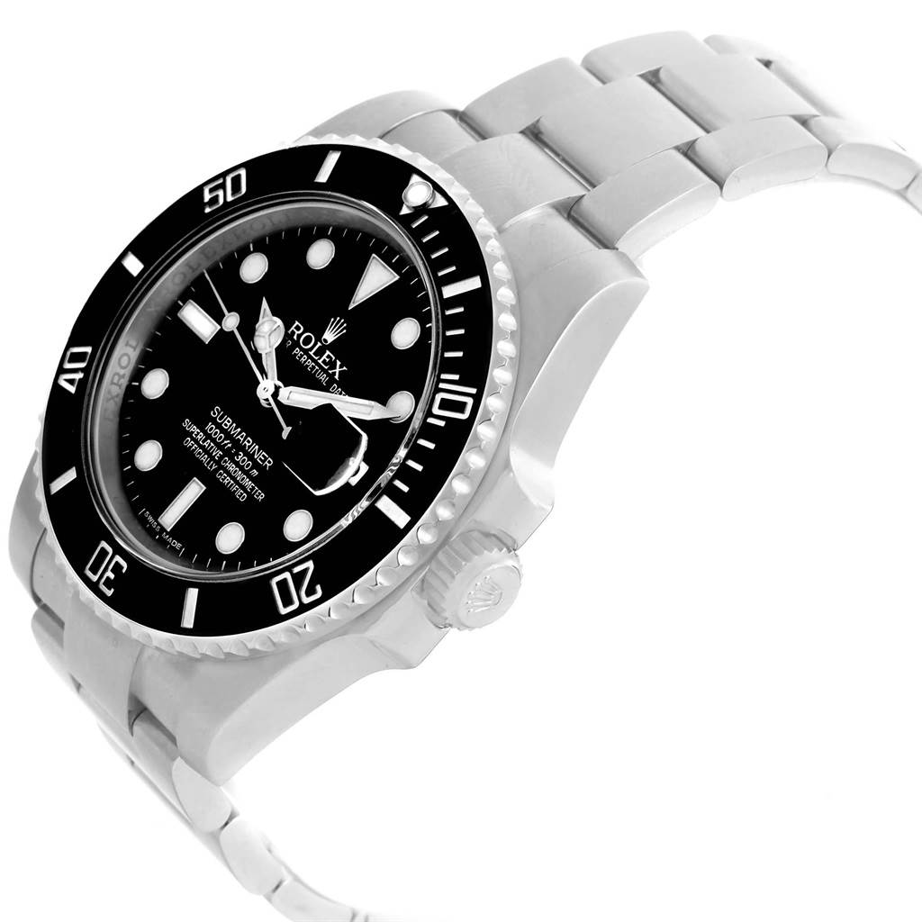 The image shows a side view of a Rolex Submariner 116610 Men's Stainless Steel Black Dial 116610 Men's Stainless Steel Black Dial watch, highlighting the dial, bezel, crown, and metal bracelet.