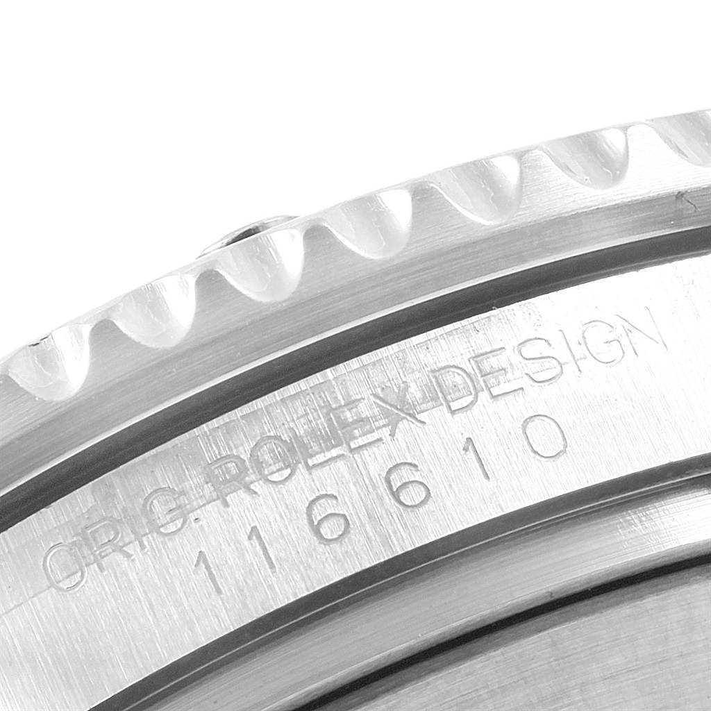 The image shows a close-up of the bezel and model engraving on the side of a Rolex Submariner 116610 Men's Stainless Steel Black Dial 116610 Men's Stainless Steel Black Dial watch.