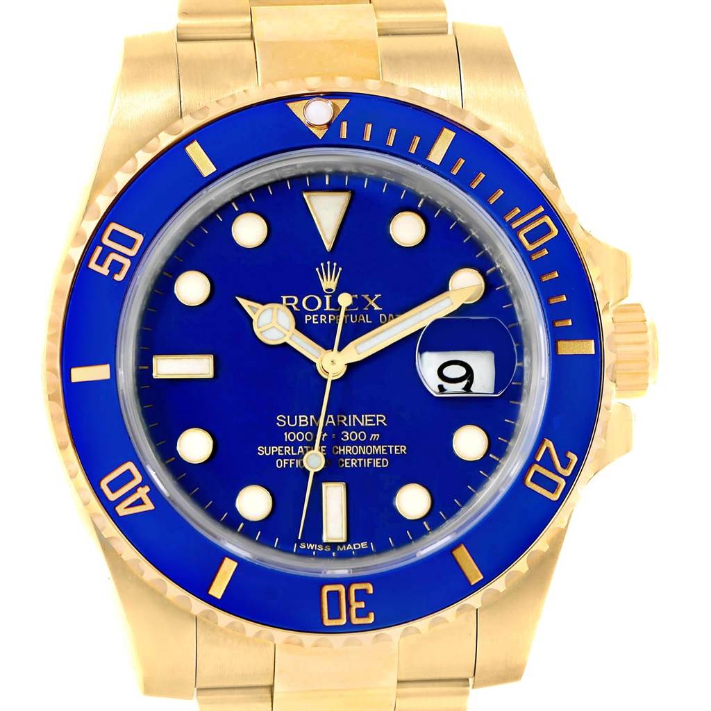 Rolex Submariner Ceramic Bezel Blue Dial 18K Yellow Gold Mens Watch ...