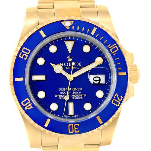 Photo of Rolex Submariner Ceramic Bezel Blue Dial 18K Yellow Gold Mens Watch 116618