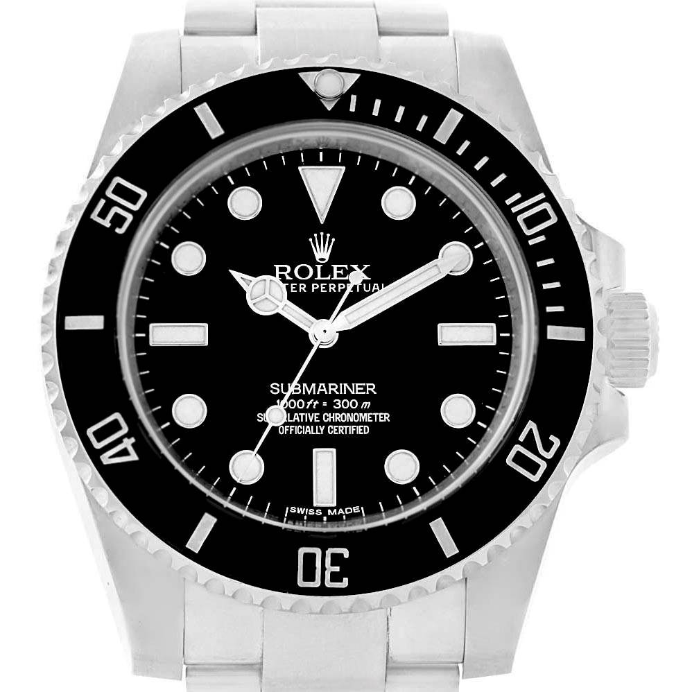 This image shows a front view of the Rolex Submariner 114060 Men's Stainless Steel Black Dial 114060 Men's Stainless Steel Black Dial watch, highlighting the dial, bezel, crown, and the top of the bracelet.