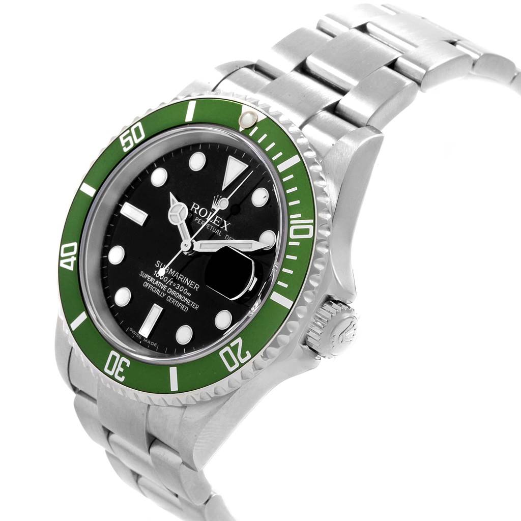 The image shows a Rolex Submariner 16610LV Men
s Stainless Steel Black Dial 16610LV Men
s Stainless Steel Black Dial watch from a front left angle, displaying its green bezel, black dial, and bracelet.