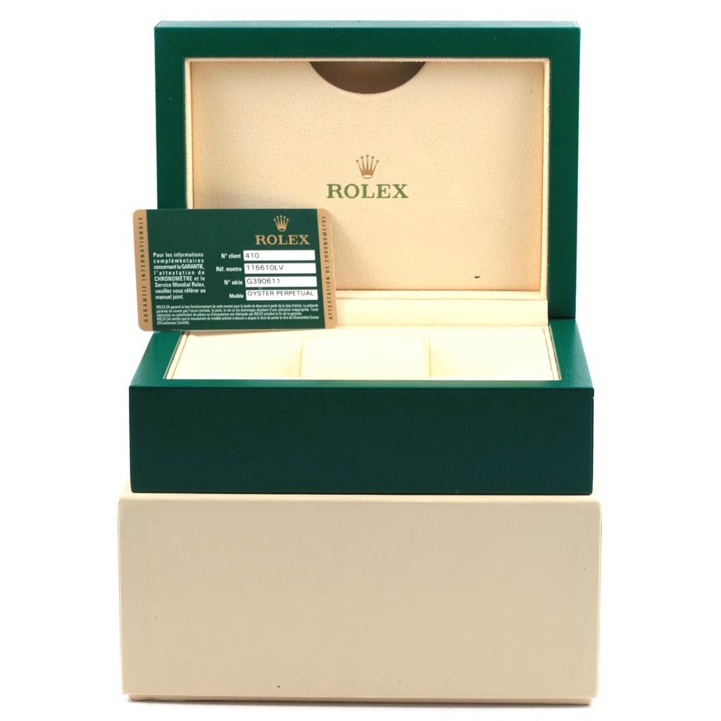 This is an open Rolex Submariner 116610LV Men
s Stainless Steel Green Dial 116610LV Men
s Stainless Steel Green Dial watch box, showing the interior and an Best Quality
ity card.