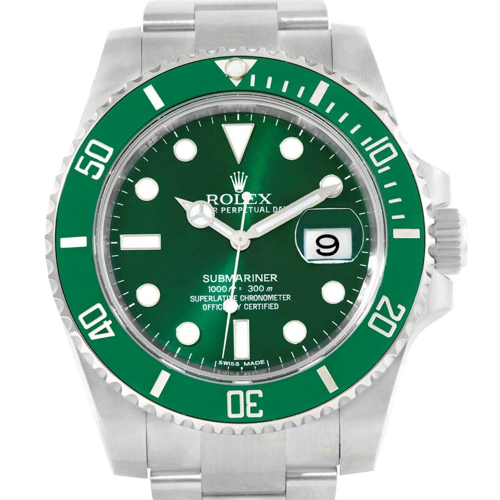 The image shows the front view of a Rolex Submariner 116610LV Men
s Stainless Steel Green Dial 116610LV Men
s Stainless Steel Green Dial watch, highlighting its green dial, bezel, and stainless steel bracelet.