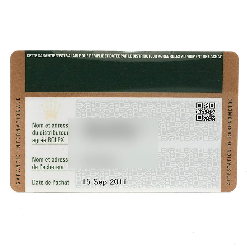 This image shows an official warranty card for the Rolex Submariner 116610LV Men
s Stainless Steel Green Dial 116610LV Men
s Stainless Steel Green Dial watch, displaying purchase information.
