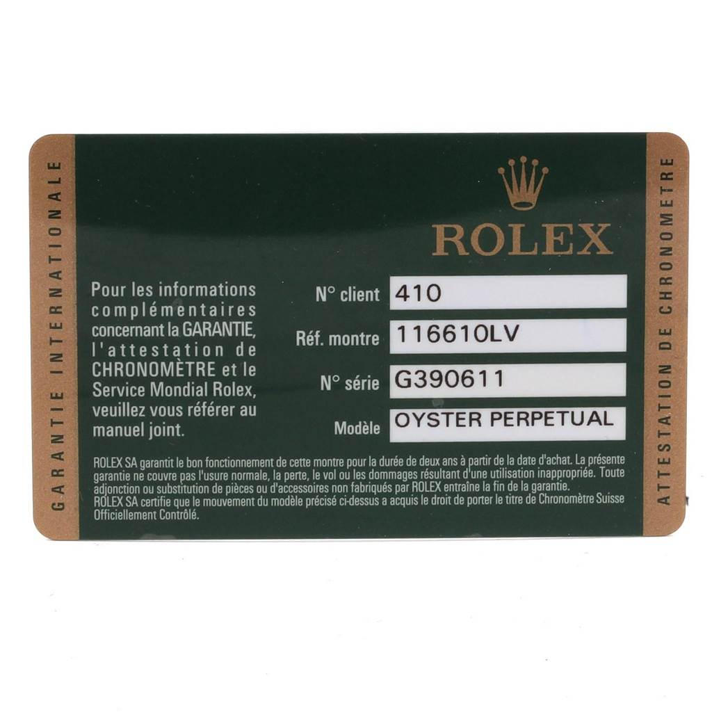 This image shows the warranty card for a Rolex Submariner 116610LV Men
s Stainless Steel Green Dial 116610LV Men
s Stainless Steel Green Dial model, displaying reference number 116610LV.