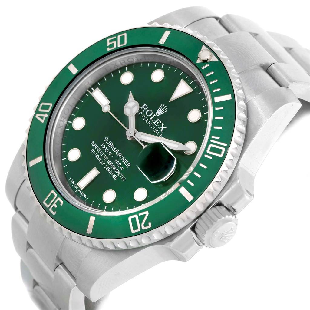 The image shows a Rolex Submariner 116610LV Men
s Stainless Steel Green Dial 116610LV Men
s Stainless Steel Green Dial watch at an angled view, highlighting its green bezel, dial, and stainless steel bracelet.