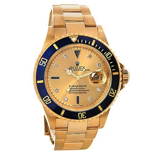 The Rolex Submariner 16618 Men's Yellow Gold Champagne Dial 16618 Men's Yellow Gold Champagne Dial watch is shown from a front angle, displaying its gold case, blue bezel, and bracelet.