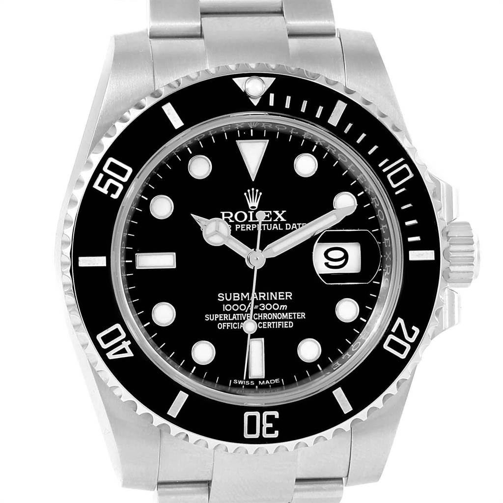 This image shows a front view of the Rolex Submariner 116610 Men's Stainless Steel Black Dial 116610 Men's Stainless Steel Black Dial watch, highlighting the dial, bezel, and part of the bracelet.