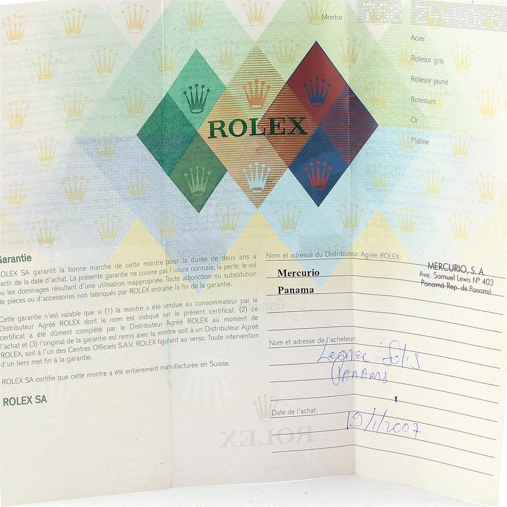 This image shows the warranty certificate for a Rolex Submariner 14060 Men's Stainless Steel Black Dial 14060 Men's Stainless Steel Black Dial watch.
