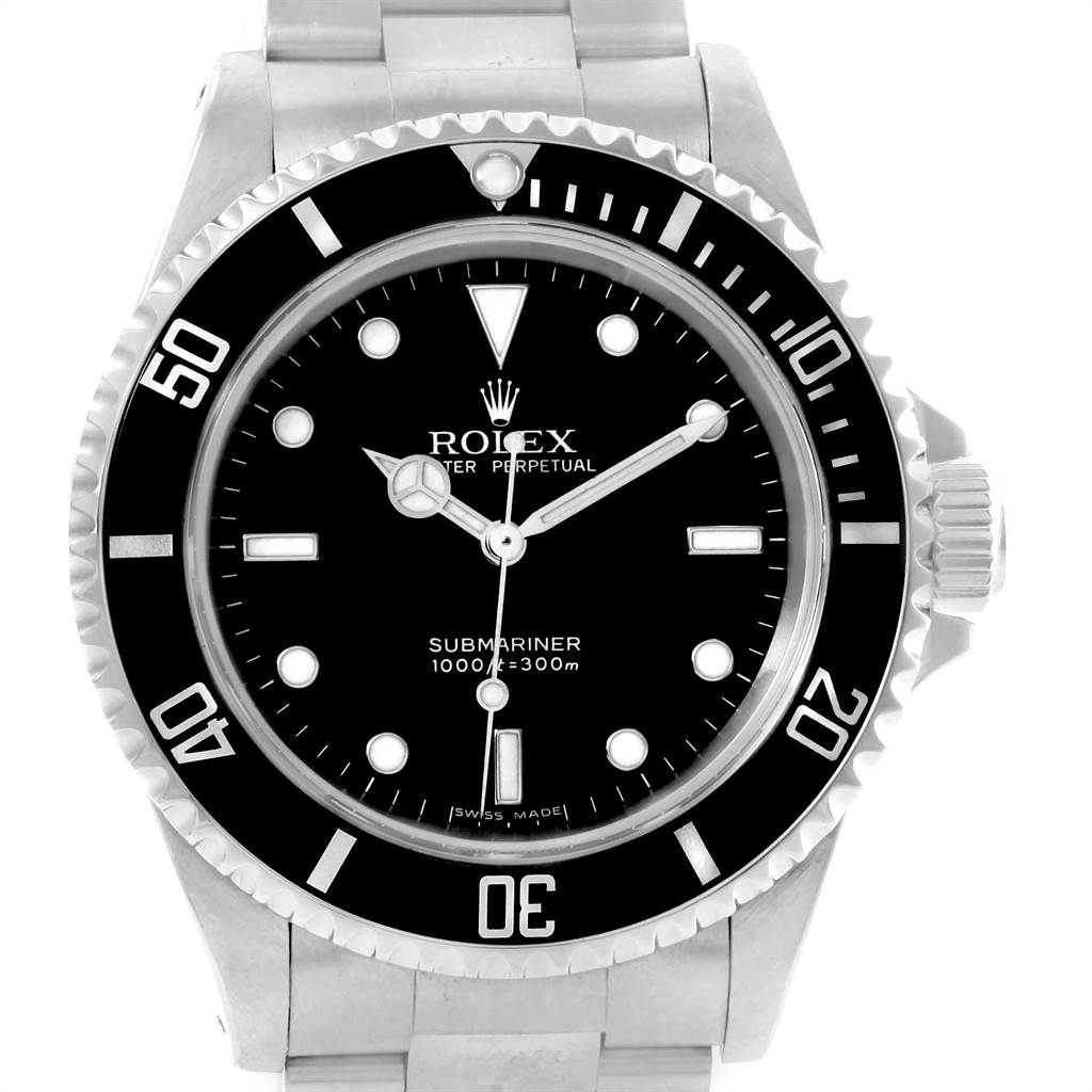 This image shows the front view of a Rolex Submariner 14060 Men's Stainless Steel Black Dial 14060 Men's Stainless Steel Black Dial watch, highlighting its dial, bezel, and bracelet.