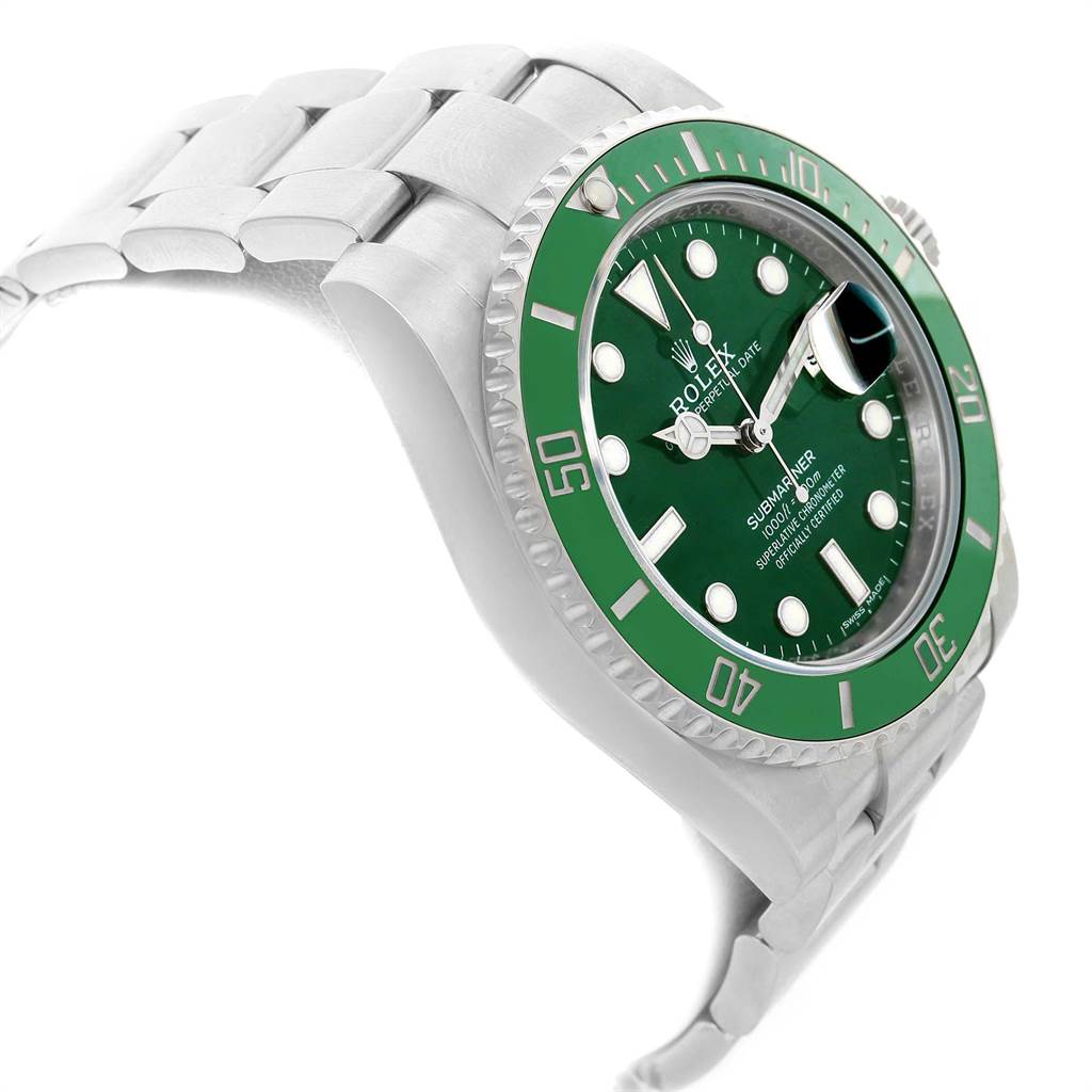 The image shows a side angle of a Rolex Submariner 116610LV Men's Stainless Steel Green Dial 116610LV Men's Stainless Steel Green Dial watch, highlighting its green bezel and bracelet.