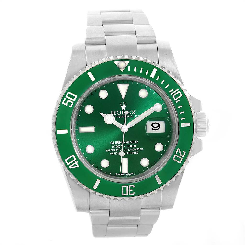 This image shows a front view of a Rolex Submariner 116610LV Men's Stainless Steel Green Dial 116610LV Men's Stainless Steel Green Dial watch featuring a green dial and bezel.