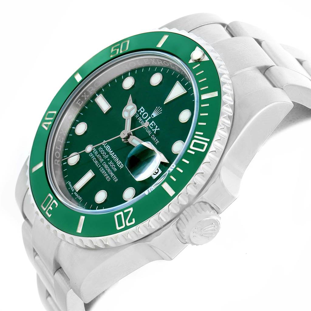 The image shows a side angle of the Rolex Submariner 116610LV Men's Stainless Steel Green Dial 116610LV Men's Stainless Steel Green Dial watch, highlighting its green bezel, dial, crown, and metal bracelet.