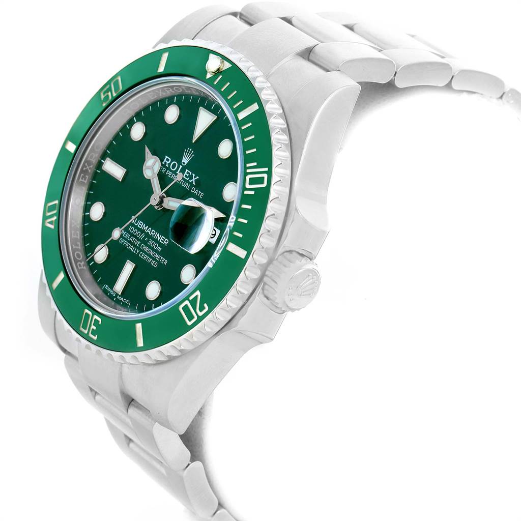 The image shows a side angle of the Rolex Submariner 116610LV Men's Stainless Steel Green Dial 116610LV Men's Stainless Steel Green Dial watch, highlighting the green bezel, dial, crown, and metal bracelet.