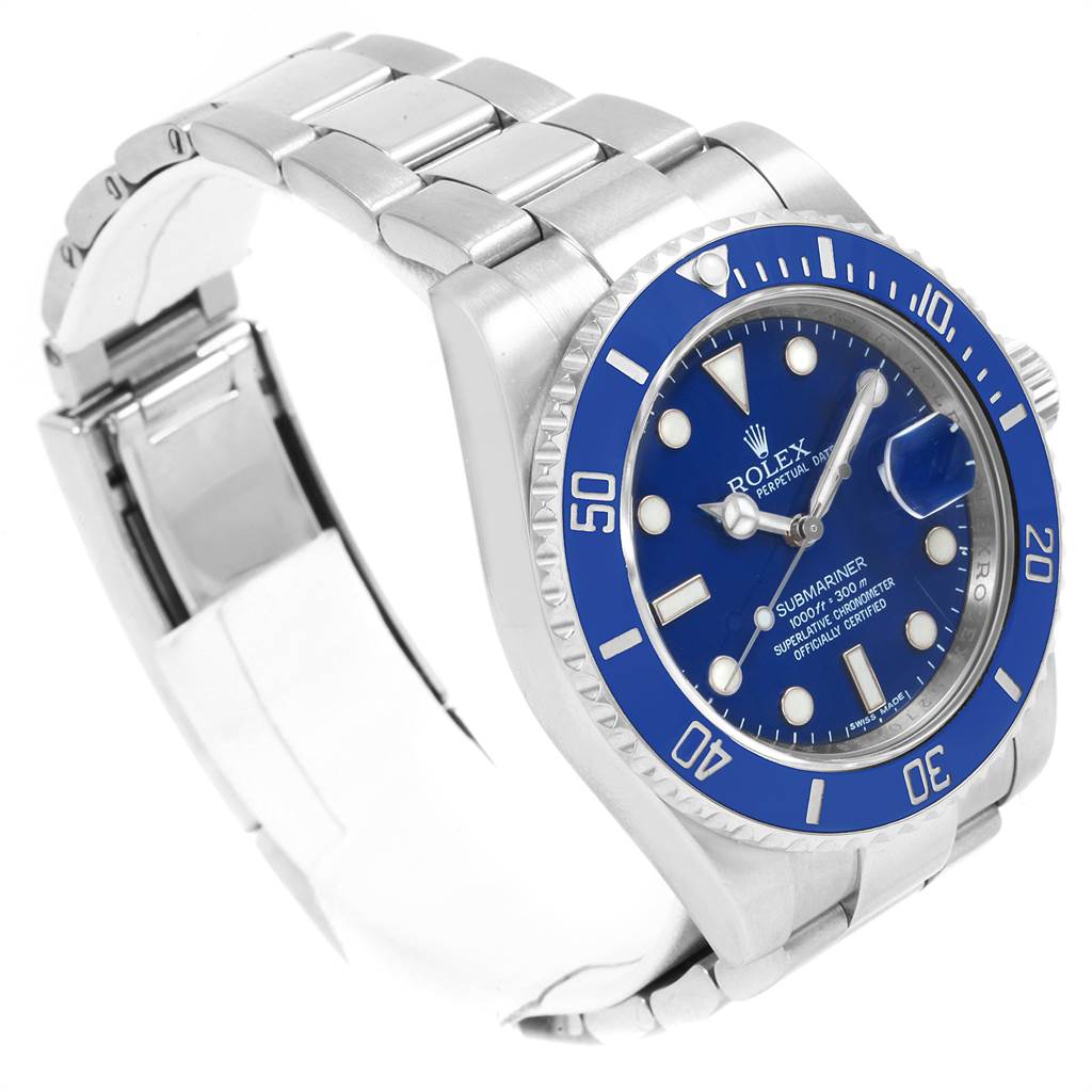 This image shows a Rolex Submariner 116619BLSO Men's White Gold Blue Dial 116619BLSO Men's White Gold Blue Dial watch at an angle that highlights its blue dial, bezel, and stainless steel bracelet.