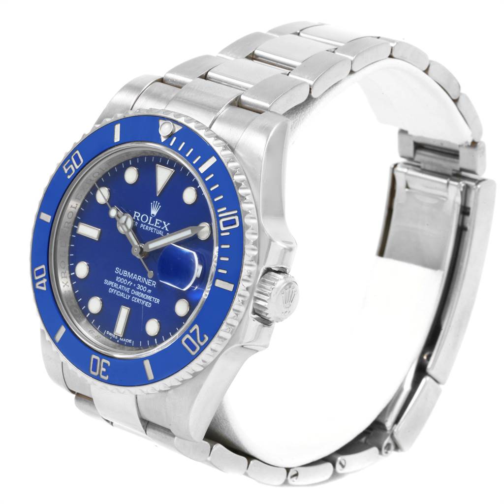 This image shows a Rolex Submariner 116619BLSO Men's White Gold Blue Dial 116619BLSO Men's White Gold Blue Dial watch at a slight angle, highlighting the face, bezel, crown, and bracelet.
