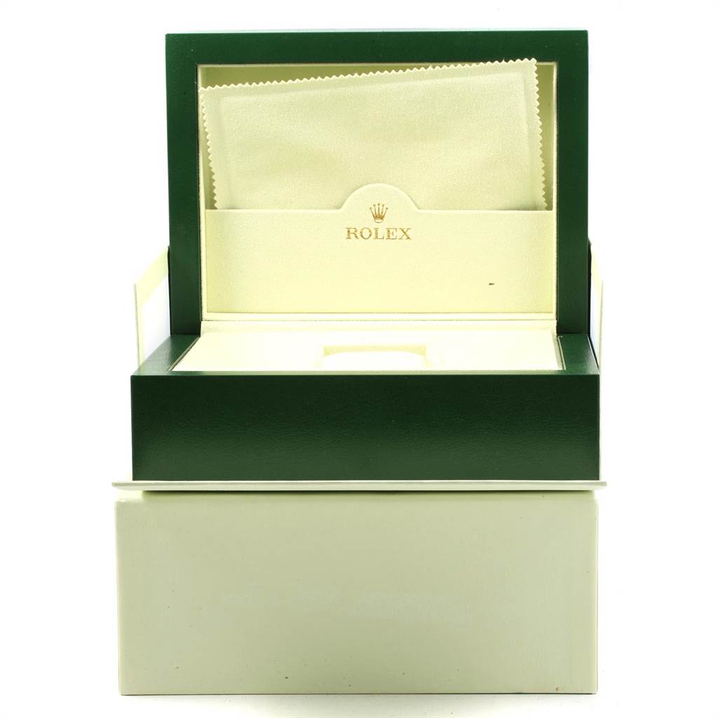 The image shows an open Rolex Submariner 116619BLSO Men's White Gold Blue Dial 116619BLSO Men's White Gold Blue Dial watch box with a cleaning cloth on top.