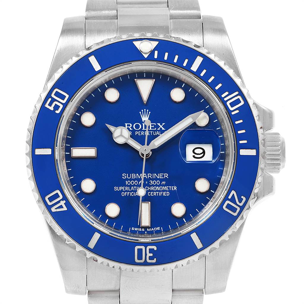 The image shows the front view of a Rolex Submariner 116619BLSO Men's White Gold Blue Dial 116619BLSO Men's White Gold Blue Dial watch, displaying the dial, bezel, crown, and part of the bracelet.
