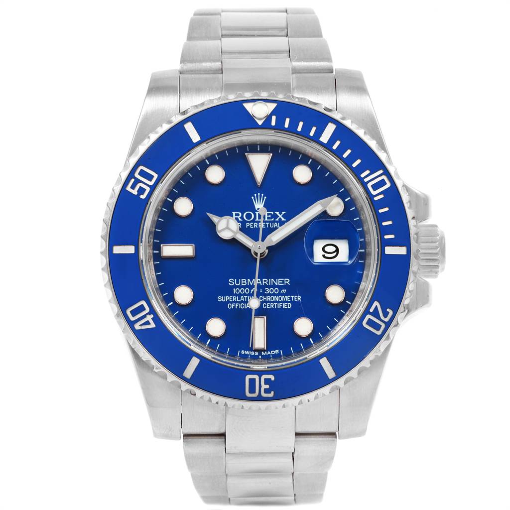 The image shows a Rolex Submariner 116619BLSO Men's White Gold Blue Dial 116619BLSO Men's White Gold Blue Dial watch from the front, showcasing its blue dial, bezel, and stainless steel bracelet.