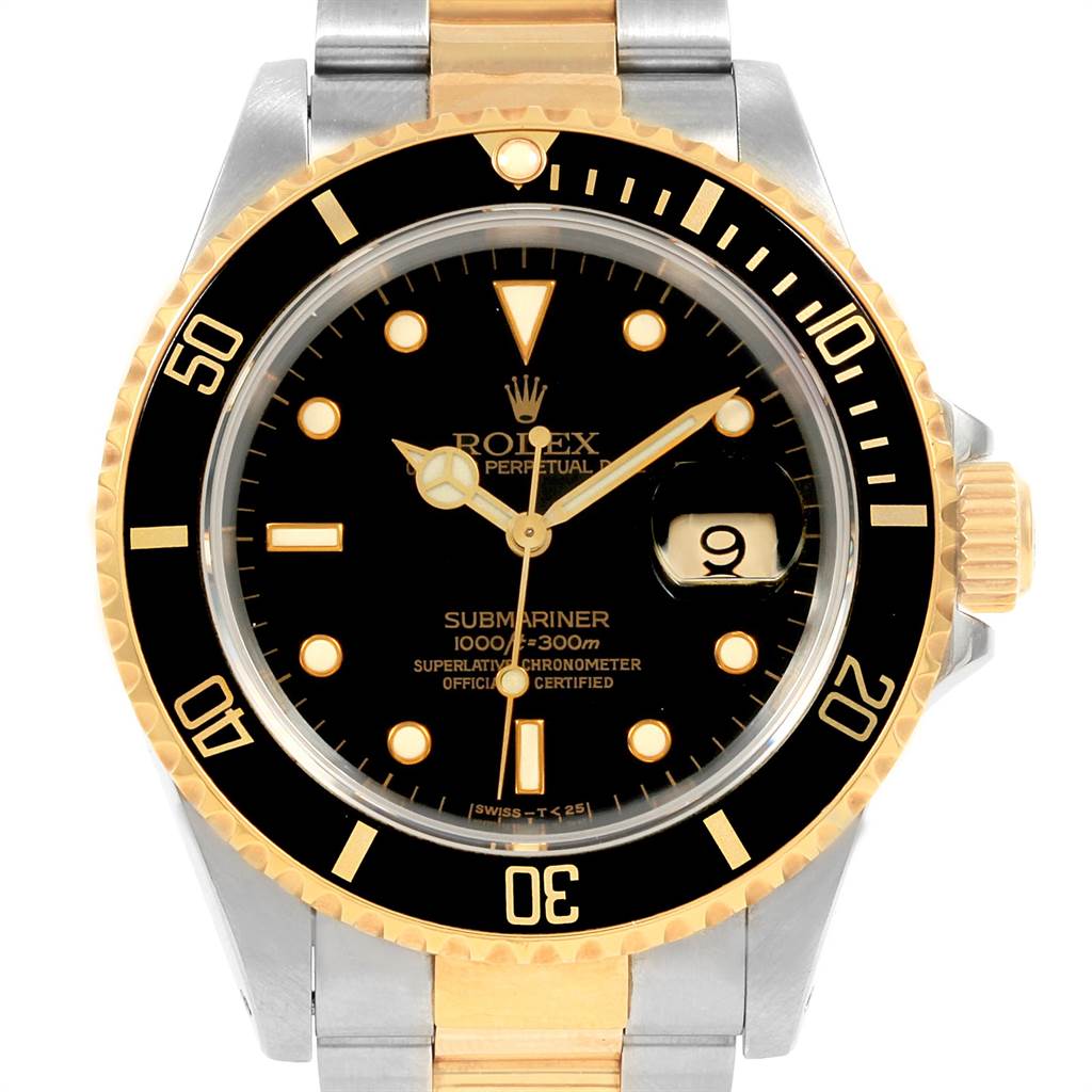 This image shows a front view of a Rolex Submariner 16613 Men's Steel and Gold (two tone) Black Dial 16613 Men's Steel and Gold (two tone) Black Dial watch, detailing its two-tone bezel, dial, and bracelet.