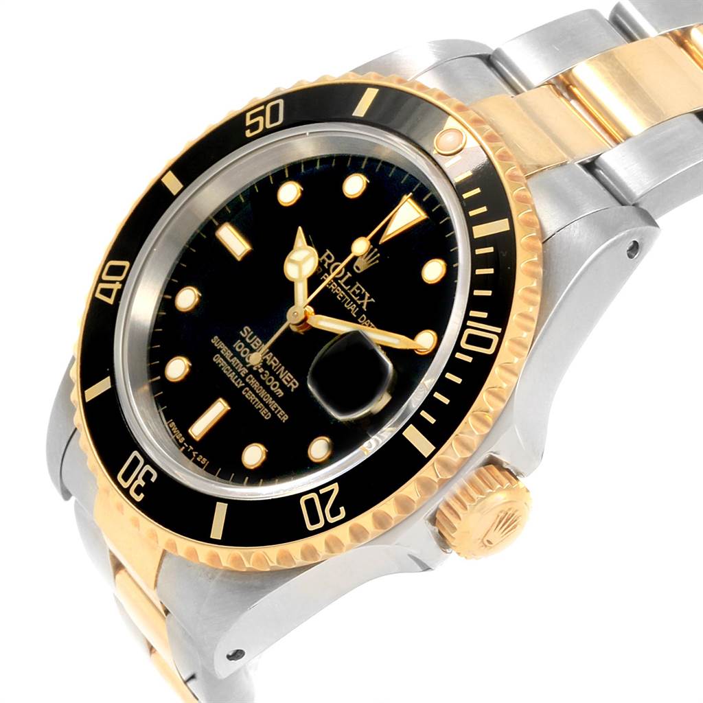 This image shows a side-angle view of the Rolex Submariner 16613 Men's Steel and Gold (two tone) Black Dial 16613 Men's Steel and Gold (two tone) Black Dial, highlighting its bezel, crown, and part of the bracelet.