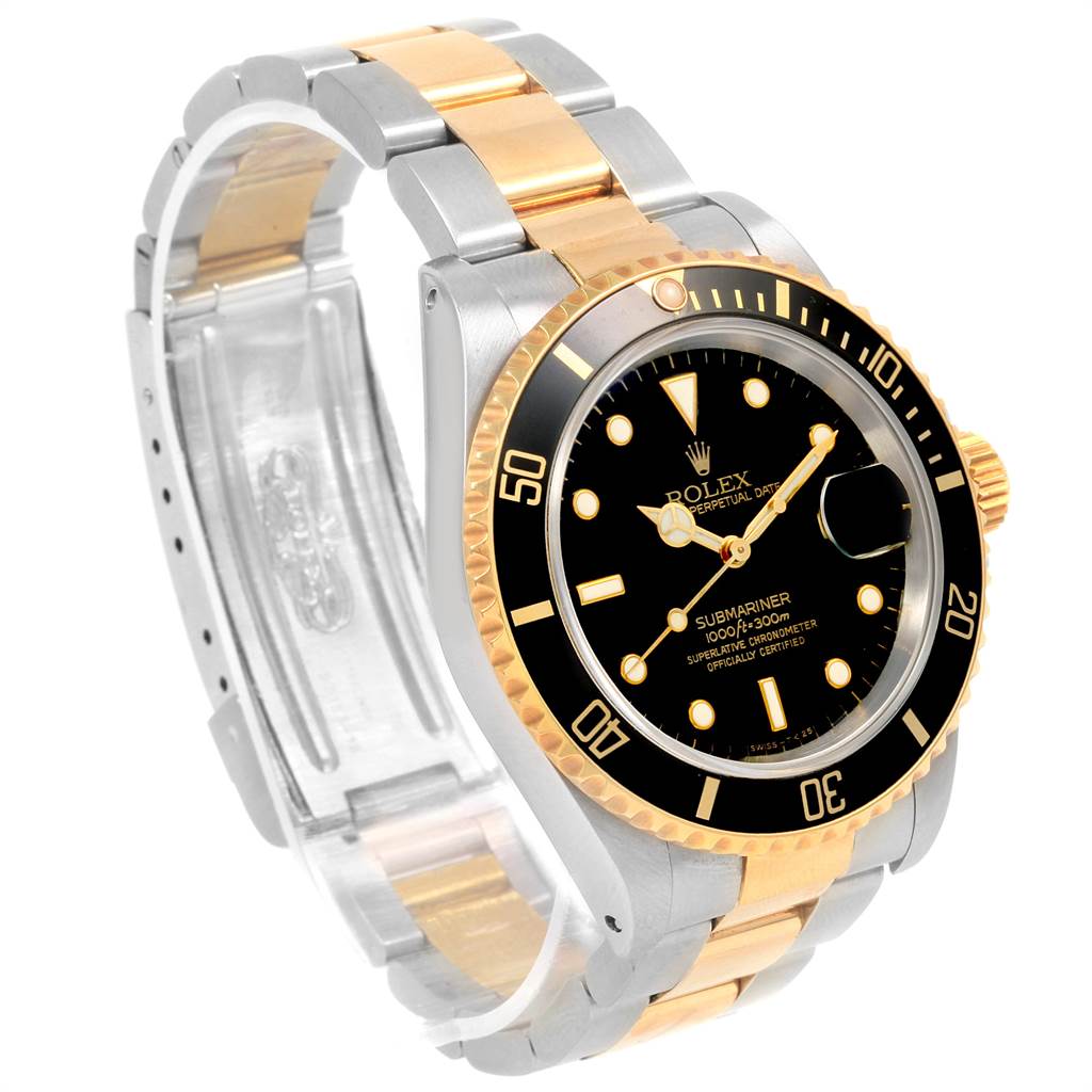 The Rolex Submariner 16613 Men's Steel and Gold (two tone) Black Dial 16613 Men's Steel and Gold (two tone) Black Dial watch is shown at a slight angle, highlighting the dial, bezel, crown, and two-tone bracelet.