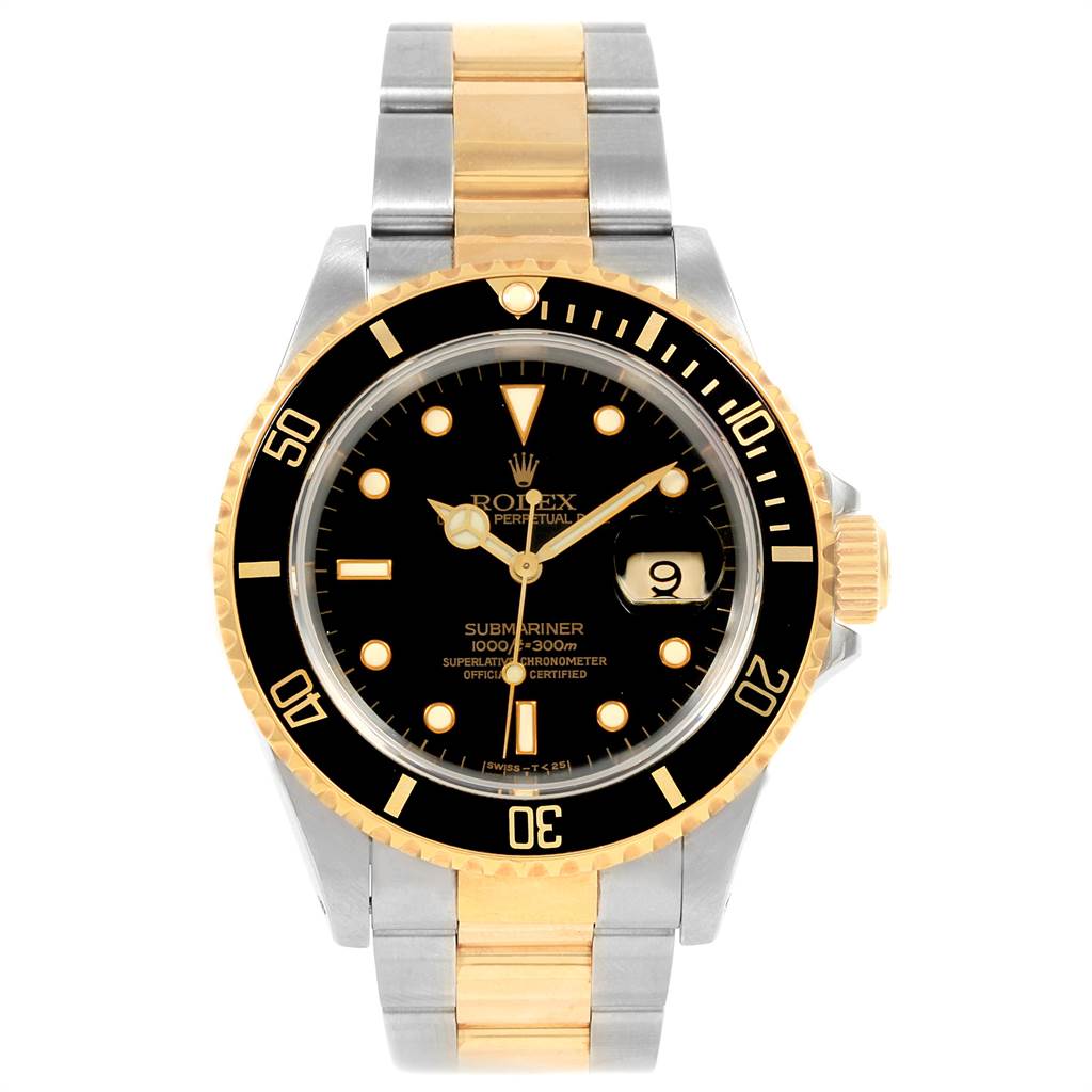 Front view of a Rolex Submariner 16613 Men's Steel and Gold (two tone) Black Dial 16613 Men's Steel and Gold (two tone) Black Dial, showing the face, bezel, crown, and two-tone bracelet.