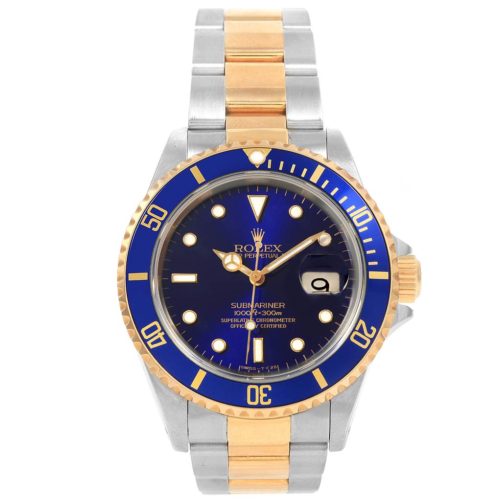The Rolex Submariner 16613 Men's Steel and Gold (two tone) Blue Dial 16613 Men's Steel and Gold (two tone) Blue Dial watch is shown from the front, displaying its blue dial, bezel, and two-tone bracelet.