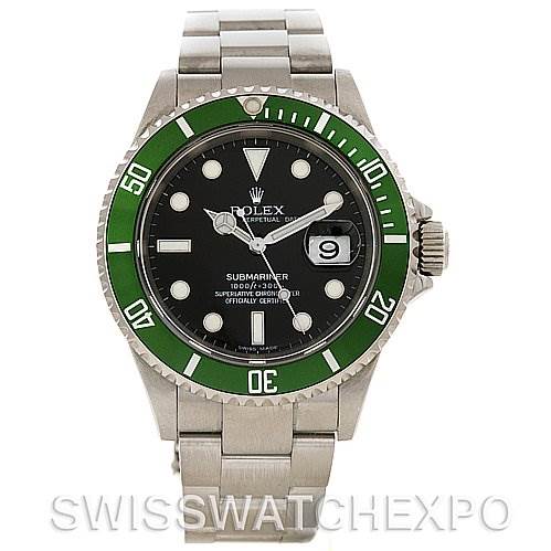 This image shows a Rolex Submariner 16610V Men's Stainless Steel Black Dial 16610V Men's Stainless Steel Black Dial watch from the front, highlighting its green bezel, black dial, and stainless steel bracelet.