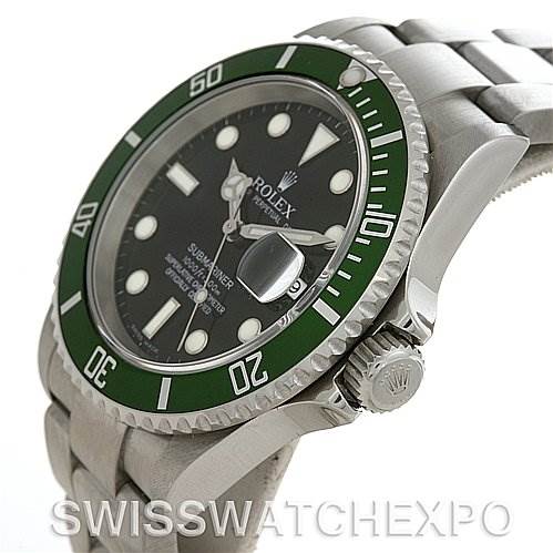 This image shows a Rolex Submariner 16610V Men's Stainless Steel Black Dial 16610V Men's Stainless Steel Black Dial watch at a three-quarter angle, focusing on its green bezel, crown, and bracelet.