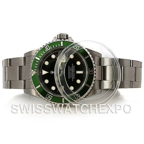This image shows the Rolex Submariner 16610V Men's Stainless Steel Black Dial 16610V Men's Stainless Steel Black Dial watch from a front angle, highlighting its green bezel, black dial, and stainless steel bracelet.