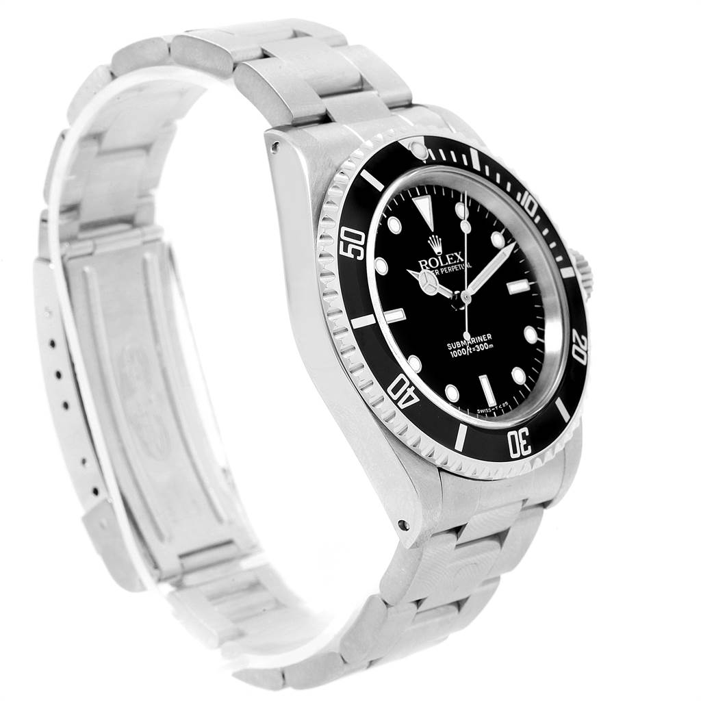 The image shows a side angle of a Rolex Submariner 14060 Men's Stainless Steel Black Dial 14060 Men's Stainless Steel Black Dial watch, highlighting the dial, bezel, and metal bracelet.