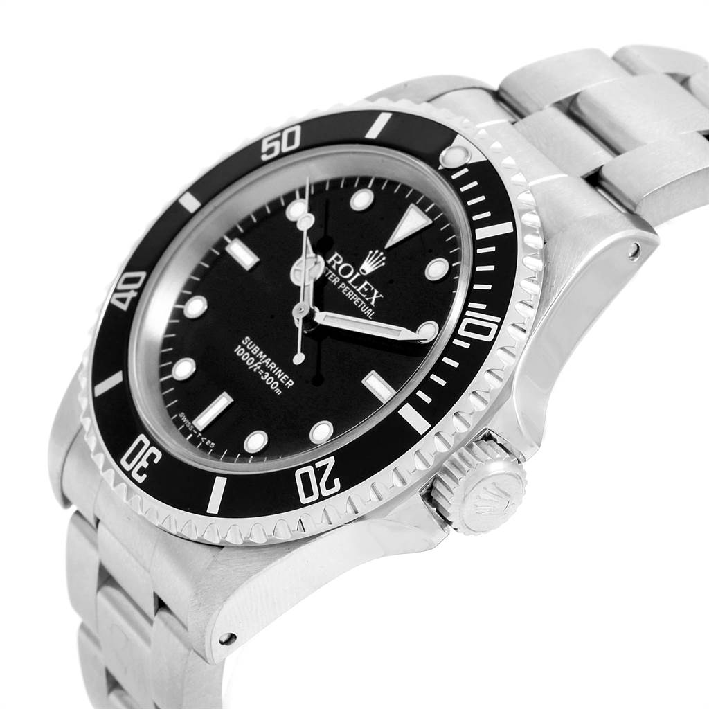 This image shows a side angle of the Rolex Submariner 14060 Men's Stainless Steel Black Dial 14060 Men's Stainless Steel Black Dial, highlighting its bezel, dial, crown, and bracelet.