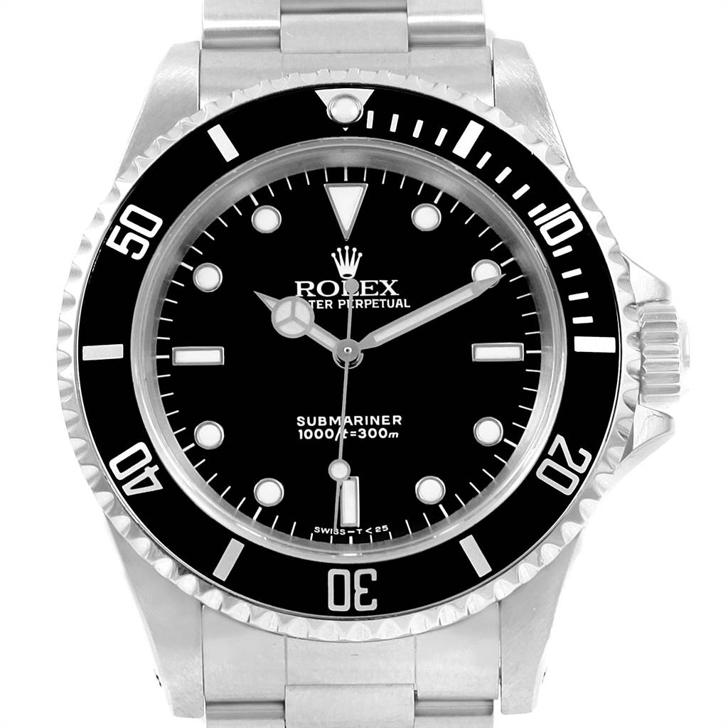 The image shows a front-facing view of a Rolex Submariner 14060 Men's Stainless Steel Black Dial 14060 Men's Stainless Steel Black Dial watch, highlighting the dial, bezel, and bracelet.
