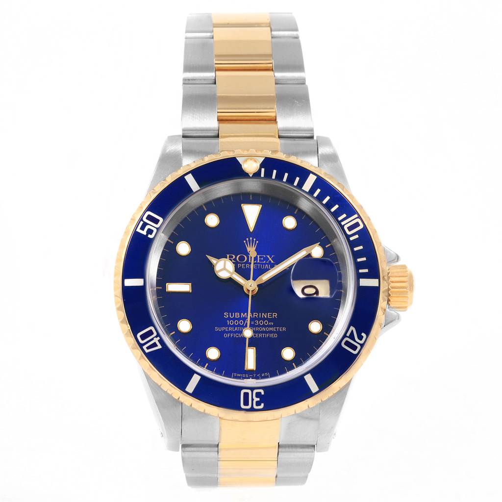 The Rolex Submariner 16613 Men's Steel and Gold (two tone) Blue Dial 16613 Men's Steel and Gold (two tone) Blue Dial watch is shown from the front, displaying the face, bezel, and part of the bracelet.