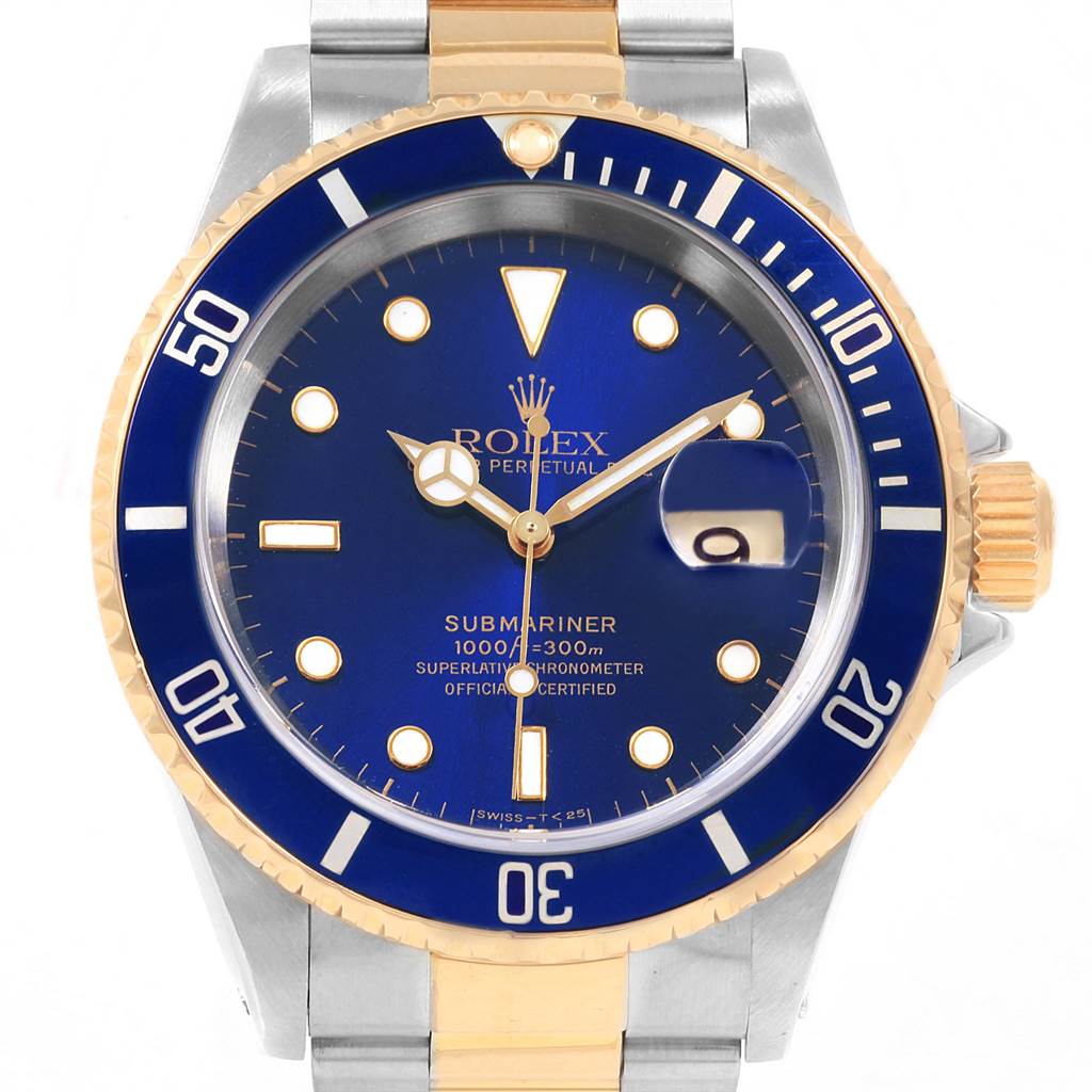 The image shows a front view of a Rolex Submariner 16613 Men's Steel and Gold (two tone) Blue Dial 16613 Men's Steel and Gold (two tone) Blue Dial watch, highlighting its blue dial, bezel, and two-tone bracelet.