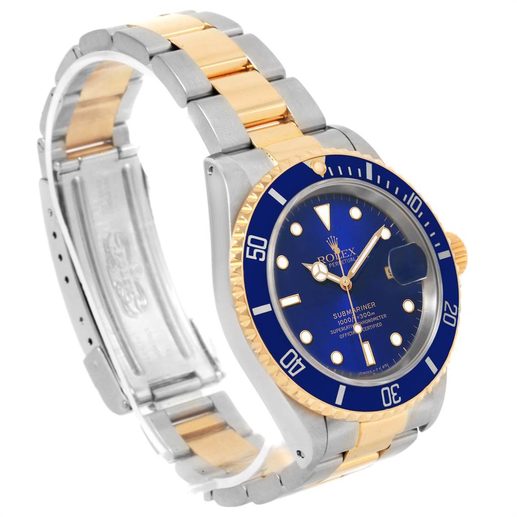 The image displays a side angle of a Rolex Submariner 16613 Men's Steel and Gold (two tone) Blue Dial 16613 Men's Steel and Gold (two tone) Blue Dial showing the watch face, bezel, and bracelet.