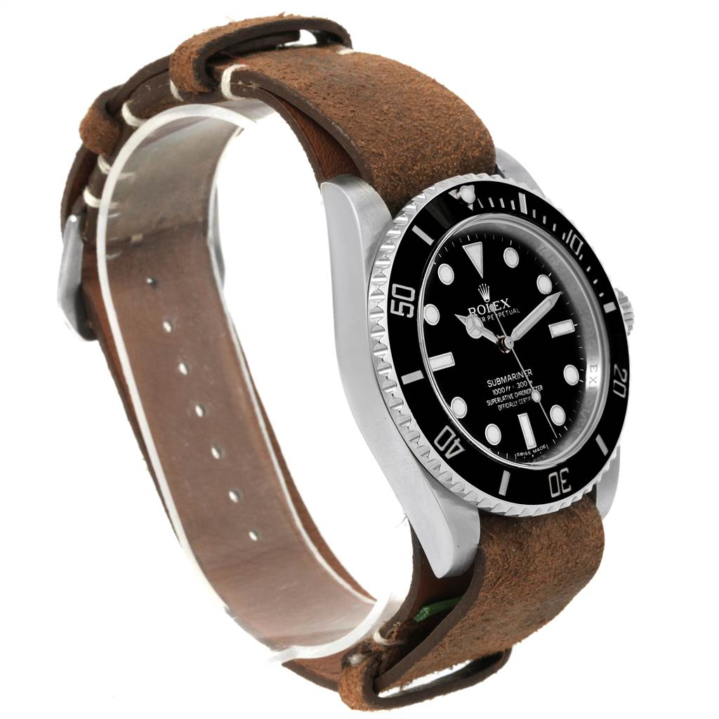 The image shows a side angle of a Rolex Submariner 114060 Men's Stainless Steel Black Dial 114060 Men's Stainless Steel Black Dial watch with a brown leather strap.