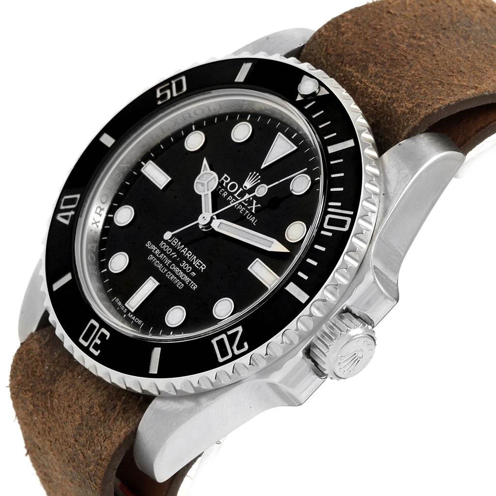 The image showcases the Rolex Submariner 114060 Men's Stainless Steel Black Dial 114060 Men's Stainless Steel Black Dial watch at an angle highlighting the dial, bezel, and crown, along with a brown leather strap.