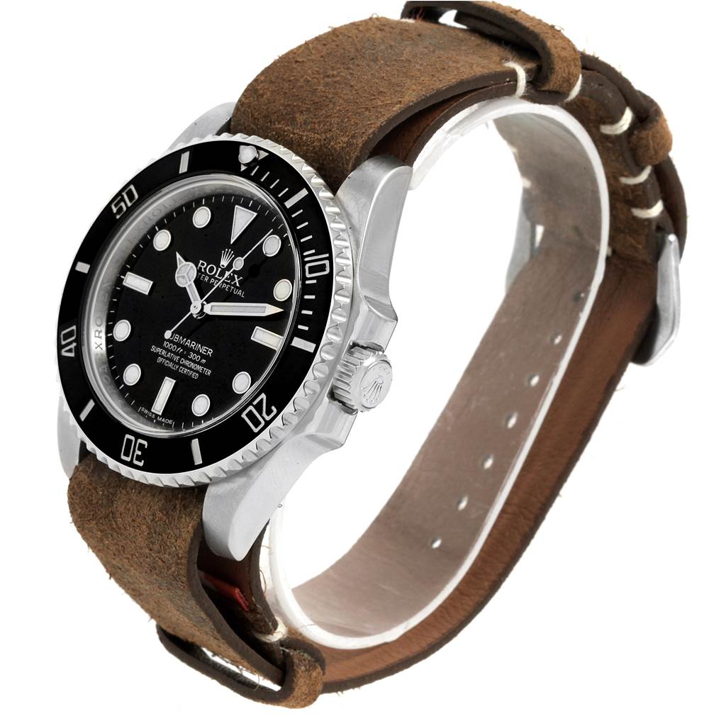 This image shows a side view of a Rolex Submariner 114060 Men's Stainless Steel Black Dial 114060 Men's Stainless Steel Black Dial watch with a black dial and a brown leather strap.